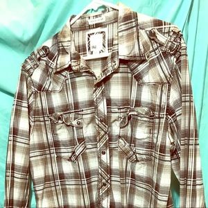 BKE Mens tan plaid button down